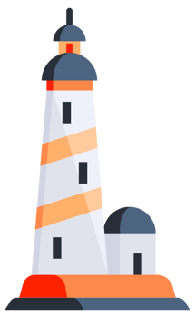 Set of lighthouses. Tower with floodlight on coast for maritime navigation png