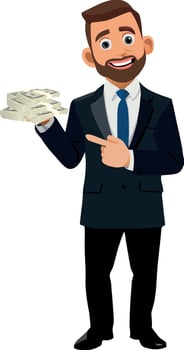 Smiling businessman holding and pointing at stack of money vector