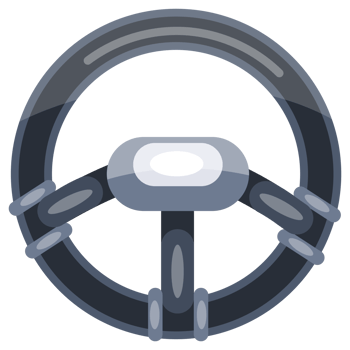 Set of six steering wheels showing different styles and designs for drivers of all types, from racing cars to everyday vehicles. png