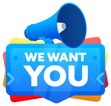 We want you. Badge with megaphone banner, label. Marketing and advertising. illustration png