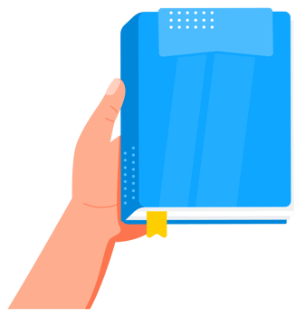 Hands holding red and blue books with bookmarks png