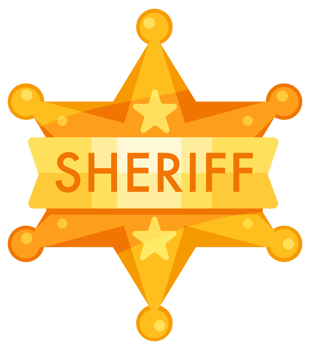 Four golden sheriff badges with stars are representing law enforcement in wild west png