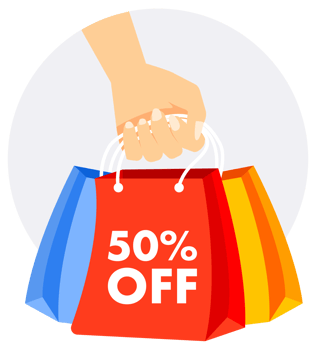 Hand is holding colorful shopping bags with a 50 percent off discount offer, perfect for advertising sales and promotions png
