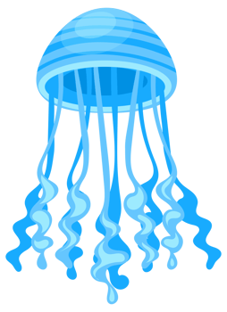 Four jellyfishes with different colors and shapes are swimming underwater in the ocean png