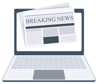Breaking News newspaper on laptop screen. Black and white newspaper layout. png
