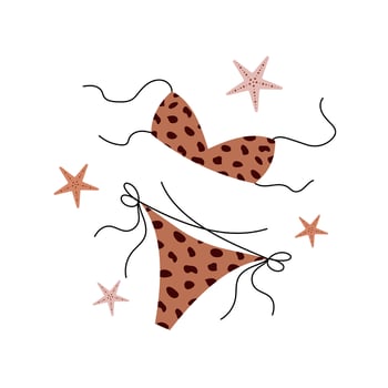 Beach swimsuit decorated with shells and starfish. Perfect for summer holidays. art on white background vector