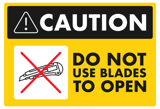 Caution sign recommending not using blades to open packages png