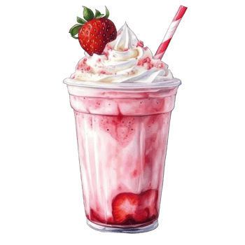Collection of . Watercolor painting of a strawberry milkshake with whipped cream and a strawberry on top, isolated on a transparency background. png