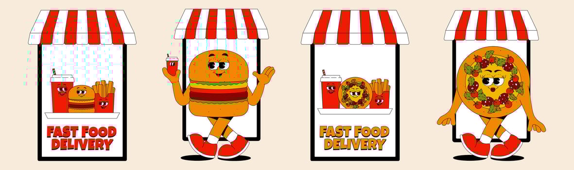 Online delivery service, online order tracking, delivery home and office. Fast food delivery, shipping. Combo burger, pizza, french fries and drink. concept set vector