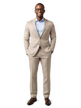 Black man with glasses, smiling confidently, hands in pockets, sharp lighting, isolated background. png