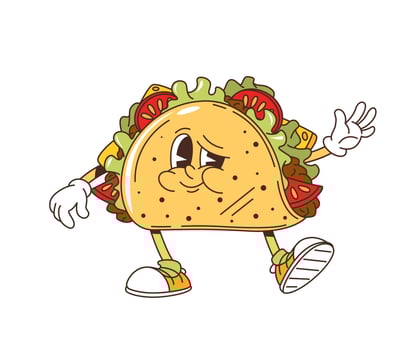 Cartoon groovy retro tacos fast food character vector