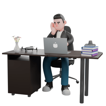 3D Creative Cartoon Cameraman Artwork Design Style Model. A male cameraman sits on a chair with a laptop on a table while typing on a keyboard with his left hand, and his right hand is on his cheek. png