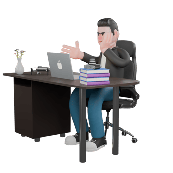 Creative 3D Artwork Design in Cartoon Style of Cameraman. A male cameraman sits behind a desk with his left hand supporting his chin and his right hand reaching out towards a laptop. Illustration png