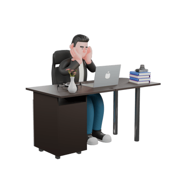 3D Creative Cartoon Cameraman Artwork Design Style Model. A male cameraman sits on a chair with a laptop on the table and both hands holding his cheeks while closing his eyes, tired expression. png