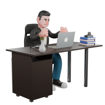 3D Creative Cartoon Cameraman Artwork Design Style Model. A male cameraman sits on a chair with a laptop on the table while both hands are raised, as if he wants to take the laptop. Illustration Model png