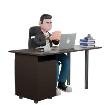 Cartoon Cameraman Design Artwork 3D. A Male Cameraman sits on a work chair with both hands clenched on the table while eyes staring at the laptop screen on his desk, focused expression. Illustration png