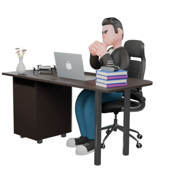 3D Creative Cartoon Cameraman Artwork Design Style Model. A Male Cameraman sits on a chair with a laptop on his table while both hands are clenched on the table, sharp eyes looking forward . png
