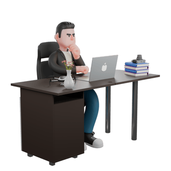 Cameraman Artwork in Creative 3D Cartoon Design Style. A Male Cameraman sits on a work chair with a laptop on the table while his left hand is on his chin, serious expression . Illustration png