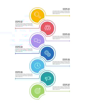 Vertical infographic with 7 colorful circles to success. Presentation, Banner, Brochure and Plan. vector