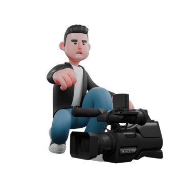 Cameraman Artwork in Creative 3D Cartoon Design Style. A Male Cameraman crouches with a camera in front of him while his hands seem to want to take his camera . Illustration png