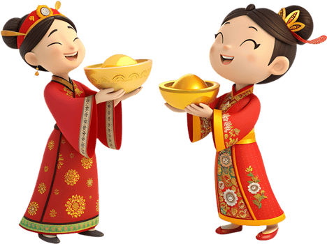 Vibrant New Year Festival Scenes with Adorable Cartoon Girls Poses. . png
