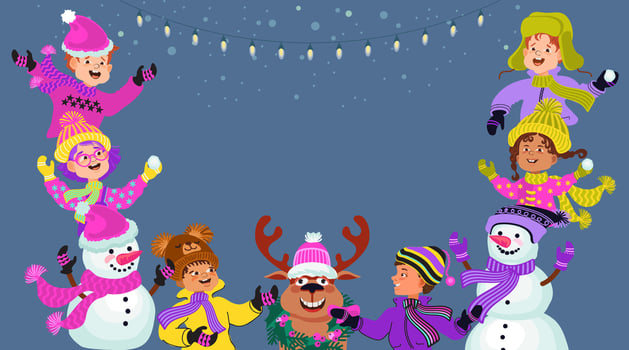 Winter Joy Everyone. Children in warm winter costumes. Group of cute kids in bright clothes. Children, snowmen, deer. Multiethnic boys and girls. Flat illustration. vector