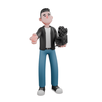 3D Creative Cartoon Cameraman Artwork Design Style Model. A male cameraman is standing facing forward with his right hand holding a film camera and his left pointing forward . Illustration png