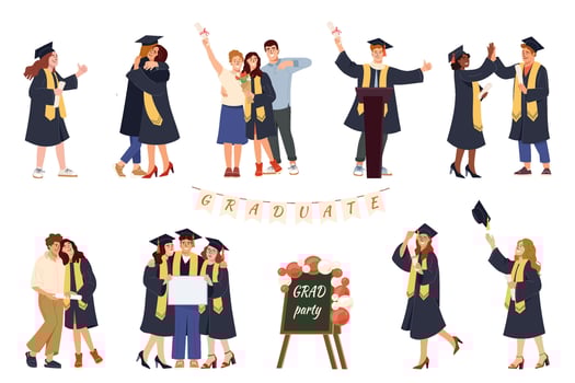 Set of joyful students in cap and gown marking new chapter. Parents proudly embrace daughter celebrating her graduation Young men and women, smiles while holding their diploma. Graduate concept vector
