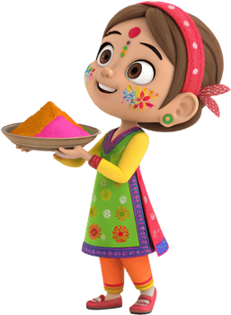 Colorful Cartoon Girls Radiating Festive Joy at Holi Festival. . png