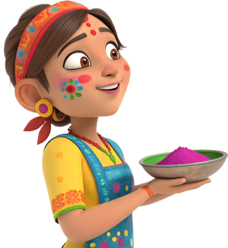Celebrate Holi Festival with Adorable Cartoon Girls Posing Happily. . png