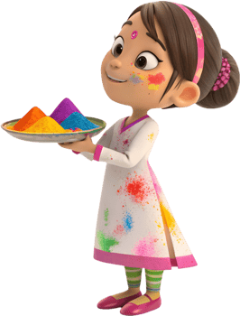 Vibrant Cartoon Girls Posing Happily for Indian Holi Festivities. . png
