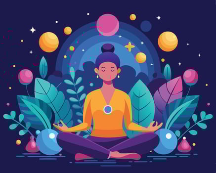A woman meditating in lotus position with a lot of fruit and plants around her vector