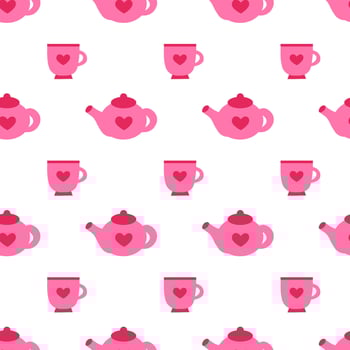 Seamless Pattern with pink teapot and cup. Valentine day. flat illustration. vector