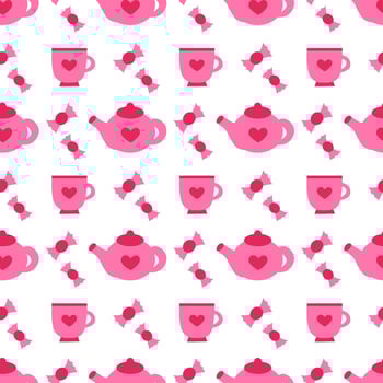 Seamless Pattern with pink teapot, cup and candy. Valentine day. flat illustration. vector