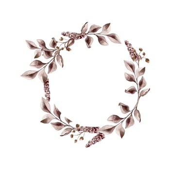 Maroon leaves and wild flowers in watercolor. Frame of branches in dark red color isolated. Watercolor monochrome plants wreath. Design of branding , invitations, printed products, save the date vector