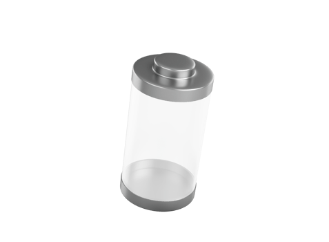 Transparent cylindrical object resembling a battery, with metallic top and bottom caps. 3D Illustration png