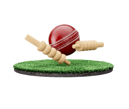 Red Leather Stitched Test Cricket Ball With Two Wicket Bails On Grass Ground Field 3D Illustration png