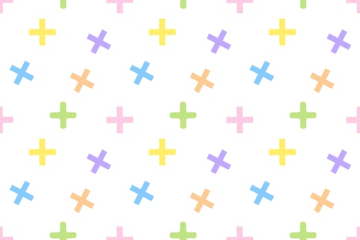 Seamless pattern featuring colorful plus symbols in pastel shades on a white background, ideal for creative designs. vector