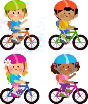 Group of boys and girls with helmets and backpacks riding their bicycles. Outdoor sports for happy cute little children. vector