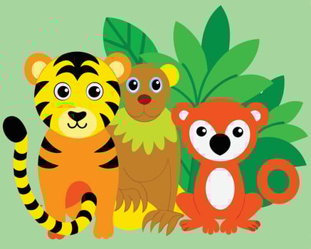 A cartoon tiger, monkey and other animals vector