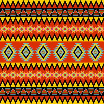 Colorful Motif in Red. Native American Tribal Pattern Style. Aztec Chevron Stripe Border with blue black yellow zigzag decoration, hippie, gypsy, hot and cool tone seamless pattern geometric vector