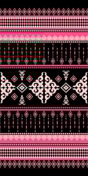 Ethnic Aztec Traditional Ornate Ikat Pink Embroidery on Black Background Seamless Pattern. Carpet, Kebaya, ornament floral, pattern, design for wrapping, silk, scarf, background, textile, carpet, rug. vector