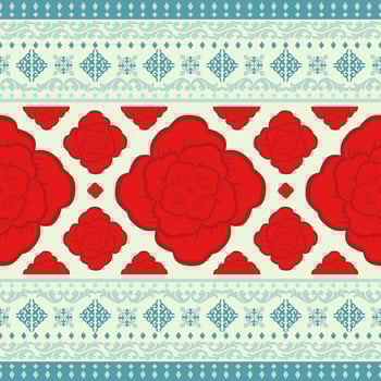Luxury Red Velvet Immortal Roses - Sign of Endless Love Flower. Fleur de lis Motif Sweet Color Design with Red Rose and Pastel Green Background. Detailed of Handwork illustration Seamless Pattern. vector