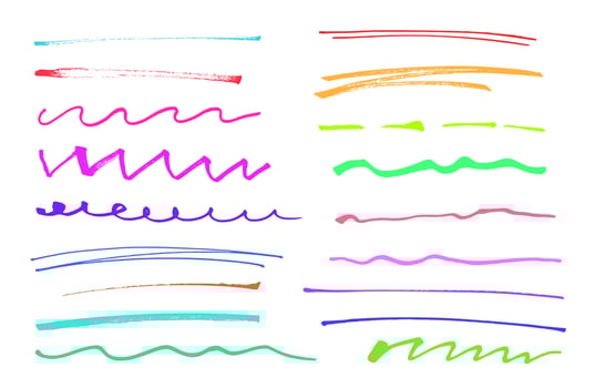 Marker highlight set, brush pen hand drawn color underline. Lines collection isolated on white. vector