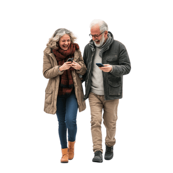 An older couple walking together while using their cell phones png