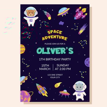 Space invitation for birthday party. Space elements and animals astronauts bear and elephant. Poster, postcard, greeting card. vector