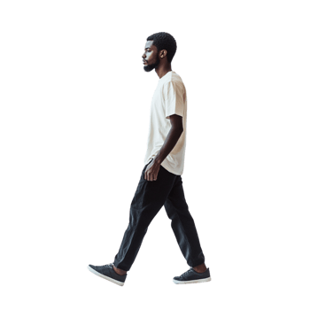 black man casually walking, wearing a simple outfit and looking straight ahead, with a transparent background emphasizing his movement png