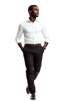 black man in a relaxed stride, hands in his pockets, walking confidently across a clean transparent background png