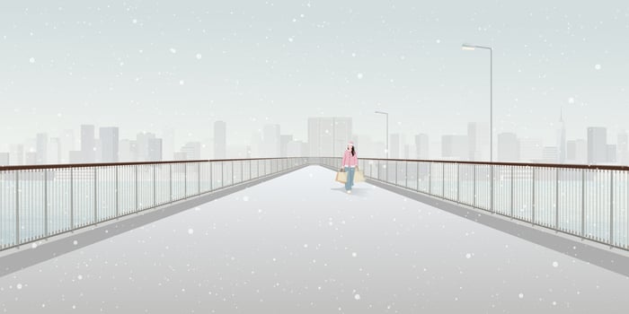 Minimalist cityscape in winter season with a woman holding a lot of shopping bags walking on pedestrian bridge across the river have skycrapers and dusk sky background graphic illustration. vector