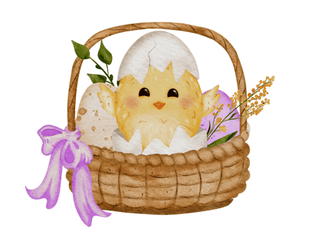 Cute Easter Basket Illustration. Watercolor Chick with Eggs and Floral Decor for Holiday Cards png